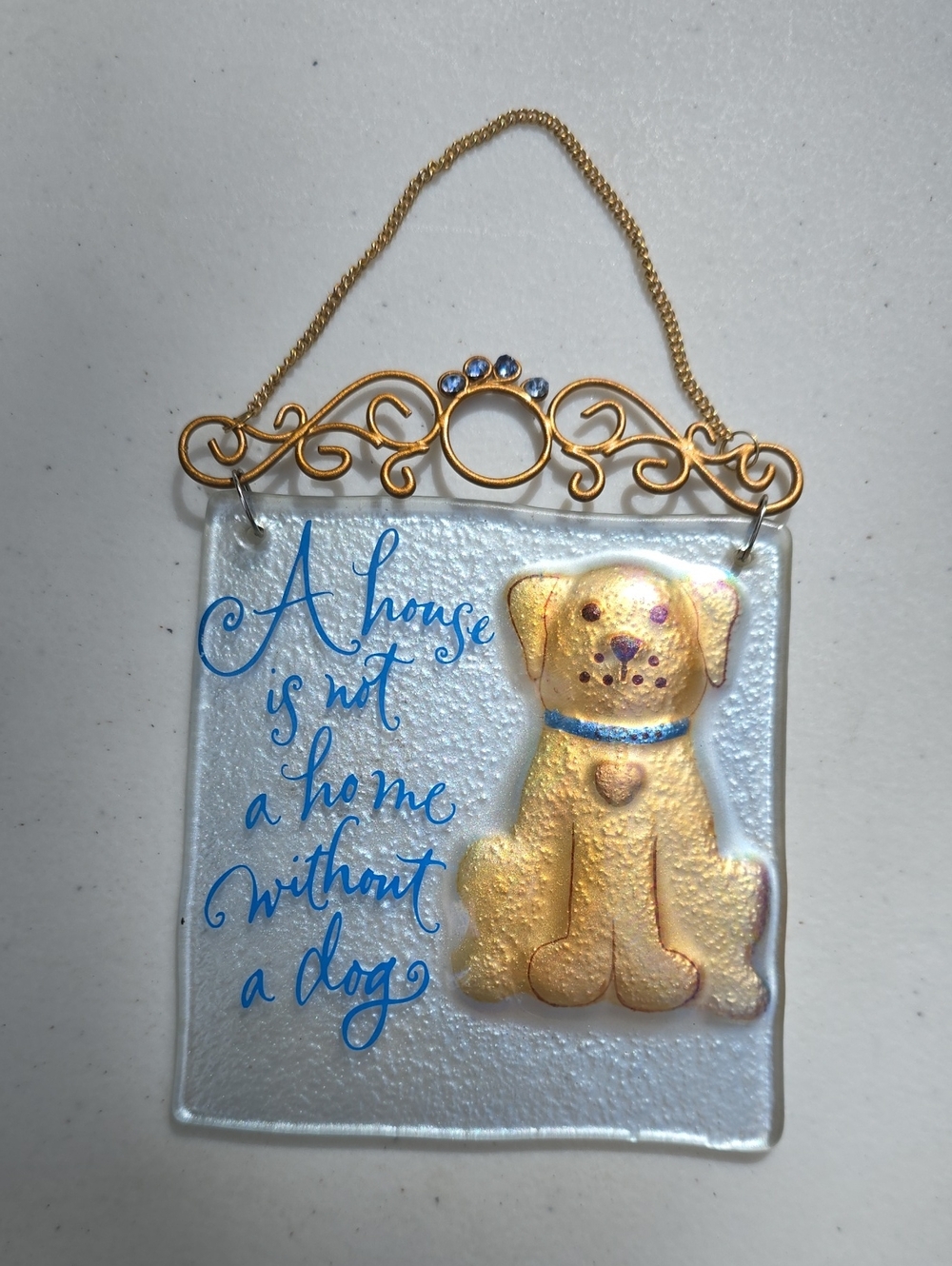 Source Unknown Gold Dog Glass Wall Hanging with Blue Script